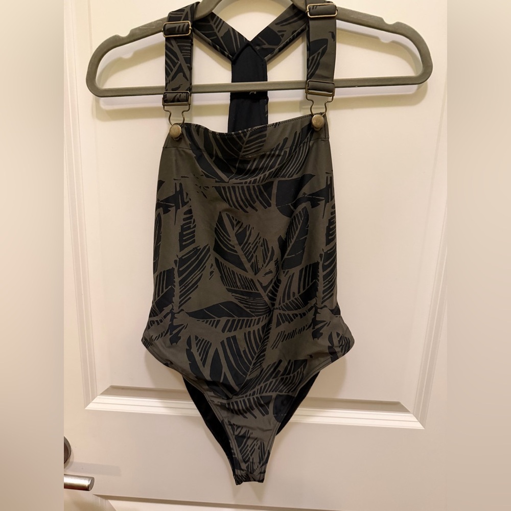 RVCA Black and Gray Leaf Print One Piece Swimsuit